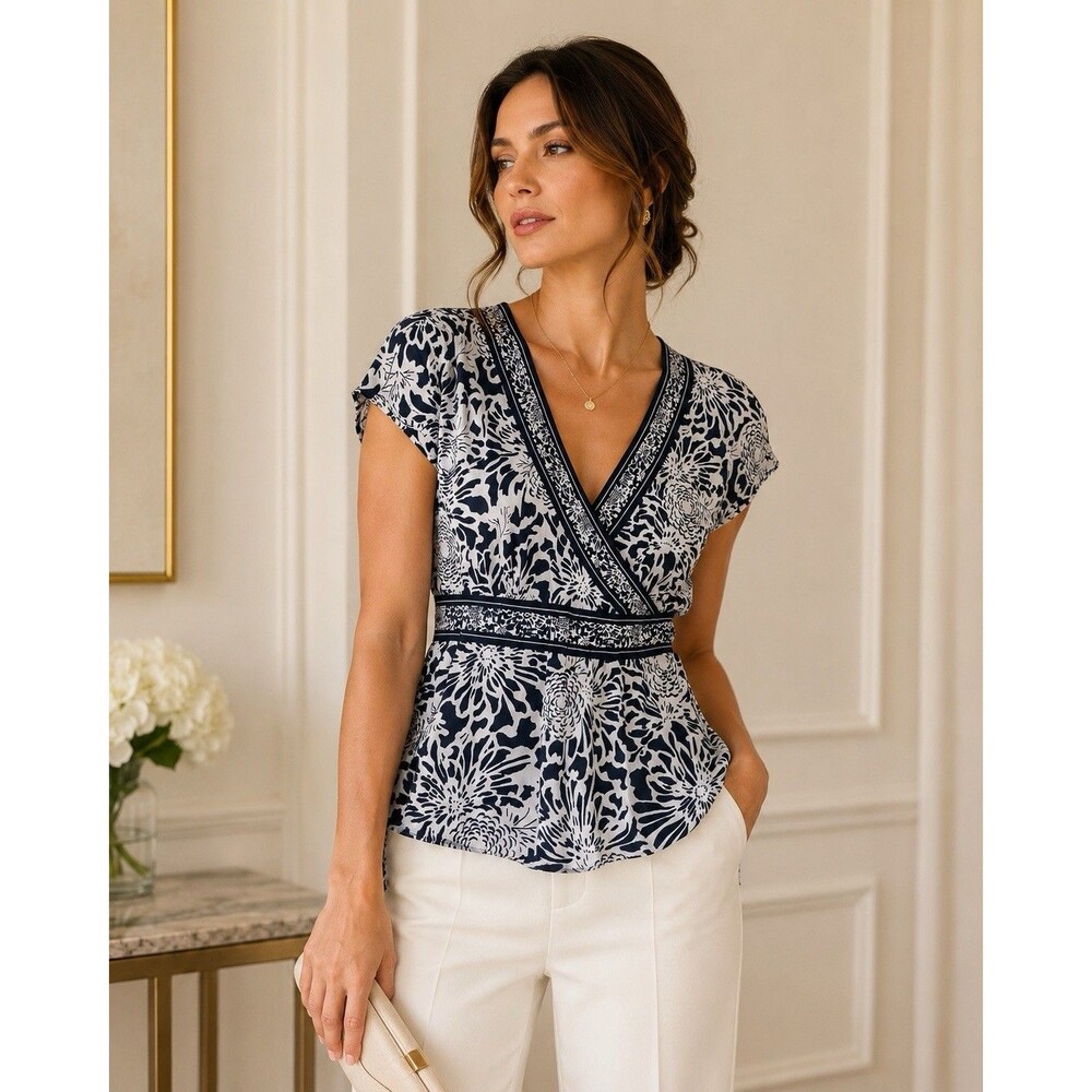 Banana Republic Silk Floral Wrap Blouse Women Small Navy White Cap Sleeve Top